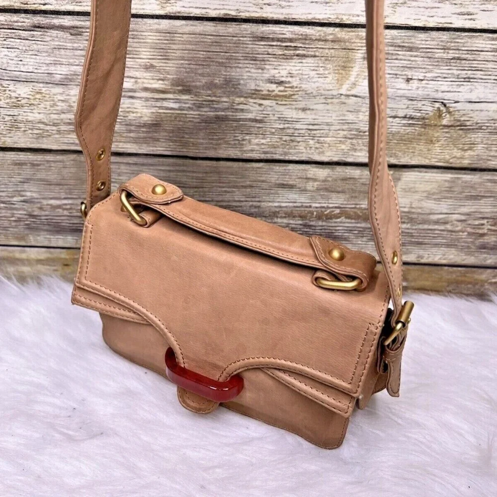 Uterque Natural Tan Brown Leather Front Buckle Small Satchel Purse Shoulder Bag - Picture 3 of 12